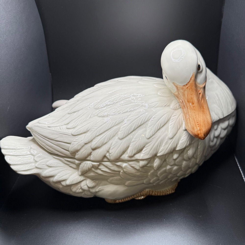 Vintage 1976 Fitz and Floyd White Duck Soup Tureen with Lid and Ladle Ceramic